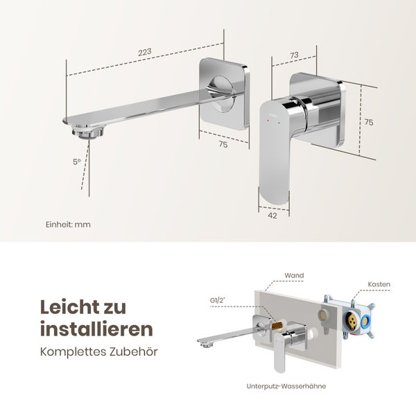 EMKE Wandarmatur, Edelstahl-Waschtischmischer, ergonomischer Einhebelmischer, geräuschreduzierend, Unterputz-Grundkörper,  Keramik-Ventilkern，Chrom