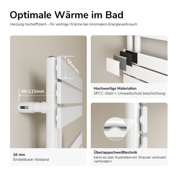 Detailansicht eines weißen Heizkörpers mit Informationen zu Materialien, Abstand und Schweißtechnik