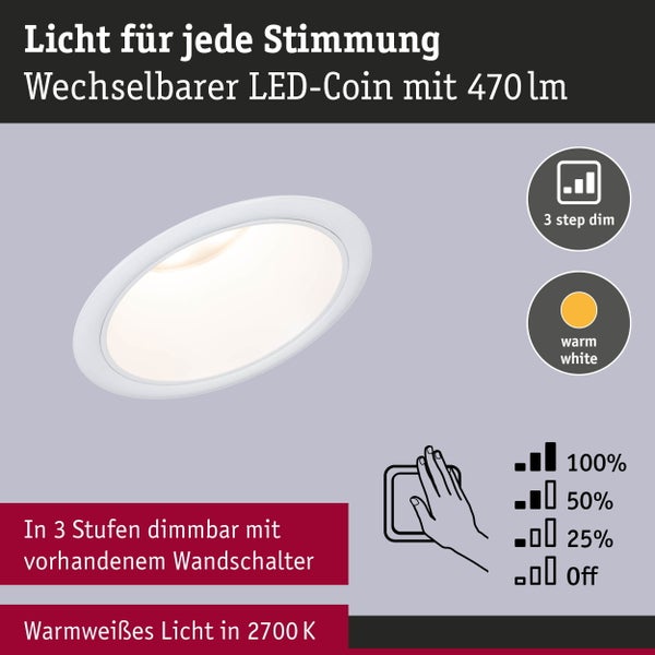 Set LED Einbauleuchte Cole Coin 6er-Set IP44 88mm Coin 6x6W 6x470lm 230V dimmbar 2700K Weiß matt