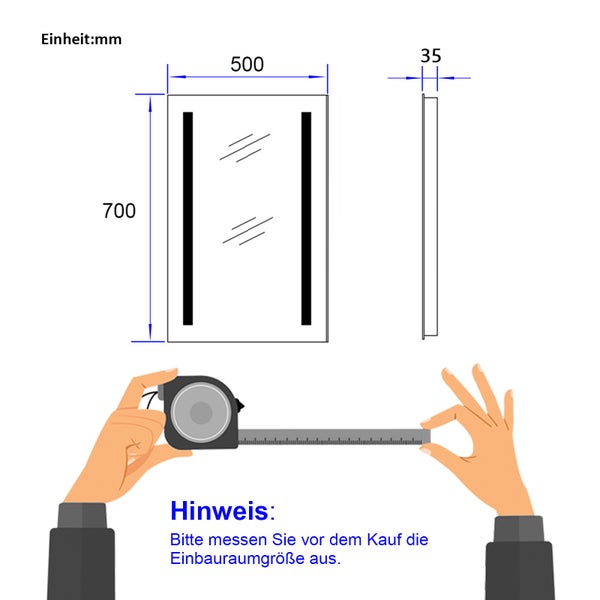 EMKE Badspiegel mit Beleuchtung 50 x 70 cm, 6500K Kaltweißer, IP44, für Badezimmer