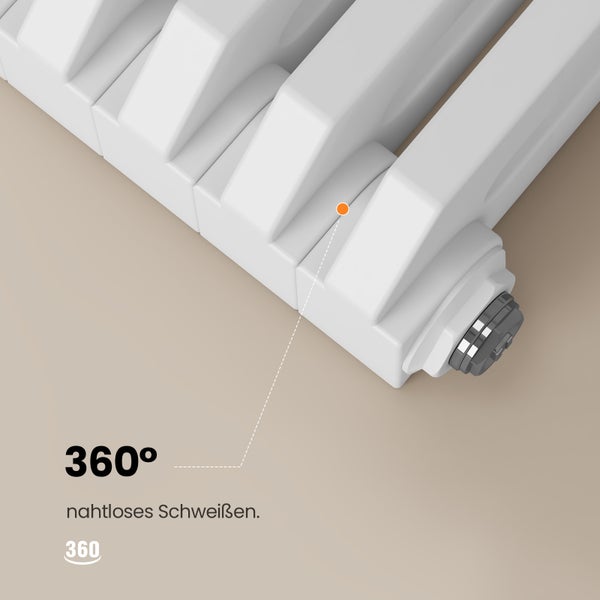 Detailansicht eines weißen Heizkörpers mit nahtloser Schweißverbindung