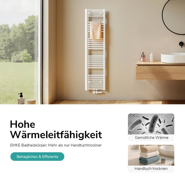 Bad mit weißem Handtuchwärmer an der Wand