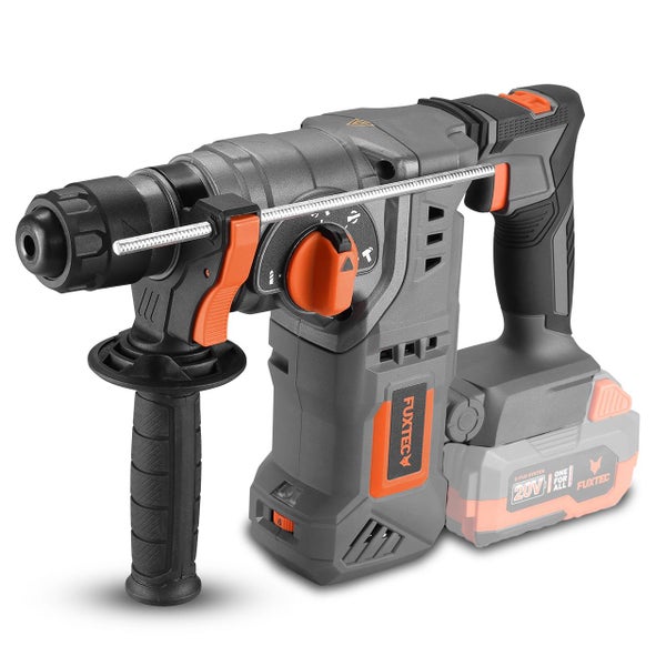 Akku Bohrhammer von Fuxtec mit 20 Volt Akku und Zusatzhandgriff für kraftvolles Bohren und Meißeln in Beton und Mauerwerk.