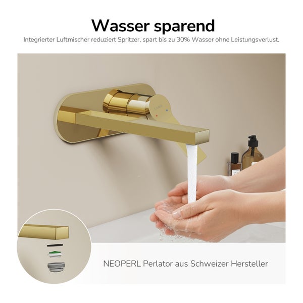 Goldene Waschtischarmatur mit laufendem Wasser