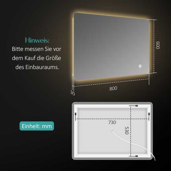 EMKE Badspiegel mit Beleuchtung 80x60 cm, LED-Spiegel mit Touchschalter, 3 Lichtfarben einstellbar, Beschlagfreie, Anti-Rost Spiegel, IP44, für Bad