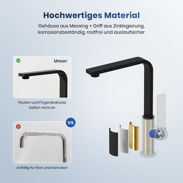EMKE Küchenarmatur Schwarz Matt – Ultraflaches Design, 360° Schwenkbar, Edelstahl Einhebelmischer für Moderne Küchen, 30x22x10 cm, 3/8’’ Anschluss