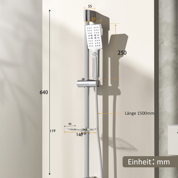 EMKE Brausegarnitur–Duschset mit Handbrause, Seifenhalter, 3 Strahlarten, 72 cm Stange, 150 cm Schlauch, Chrom
