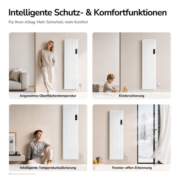 Infografik zeigt Funktionen eines Elektroheizkörpers: Oberflächentemperatur, Kindersicherung, Temperaturkalibrierung und Fenster-offen-Erkennung.
