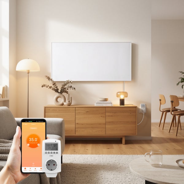 Eine Hand hält ein Smartphone mit App-Steuerung neben einer steckbaren Funksteckdose zur Temperaturregelung in einem modernen Wohnzimmer.