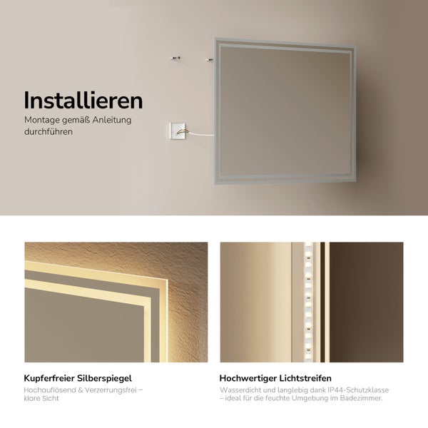 Infografik zur Montage eines Badezimmerspiegels mit LED Beleuchtung inklusive Darstellung des kupferfreien Spiegels und des LED Lichtstreifens.