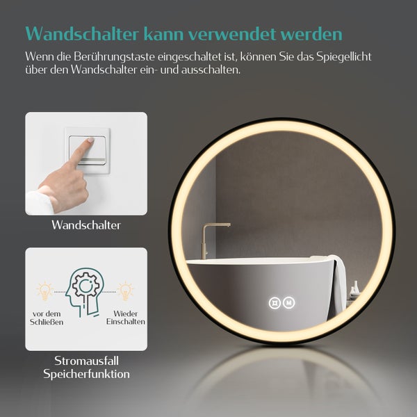 EMKE LED Badspiegel rund Ø70 cm, 3 Farbtemperaturen & Helligkeit einstellbar, Anti-Beschlag, Touch-Schalter, schwarzer Rahmen mit Deko-Aufhängung, IP44, zur Wandmontage, für das Badezimmer geeignet