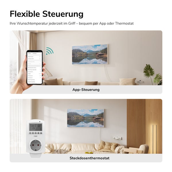 Flexible Steuerung von Infrarotheizungen über eine Smartphone App oder ein Steckdosenthermostat zur Regulierung der Raumtemperatur.