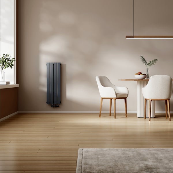 Heller Raum mit Heizkörper, Esstisch und Stühlen.