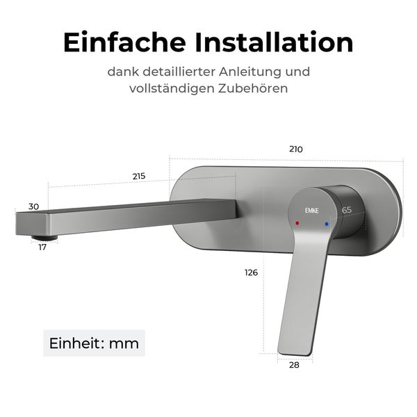 EMKE Unterputz Waschtischarmatur, 2-Loch Wandmontage mit Luftsprudler, Einhebelmischer für Waschbecken und Badewanne, L 215 x H 210 x Ø 17 mm, Anthrazit