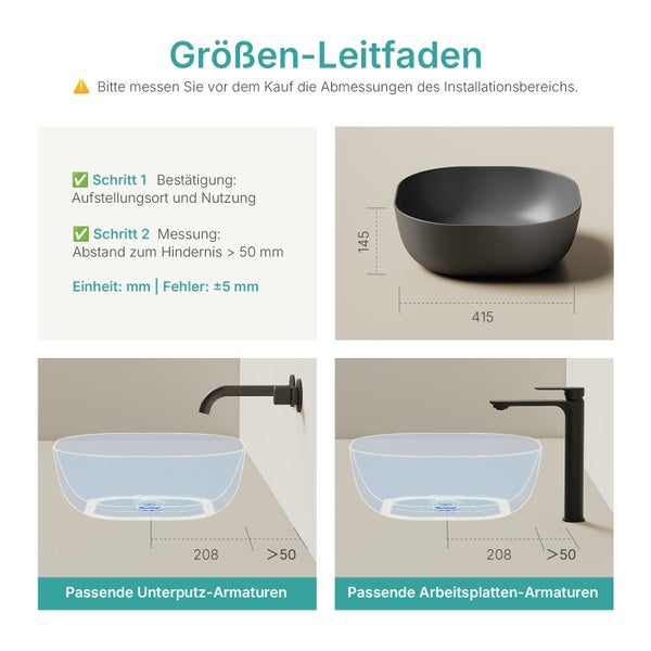 Größenleitfaden für Waschbecken mit Maßangaben und Installationshinweisen
