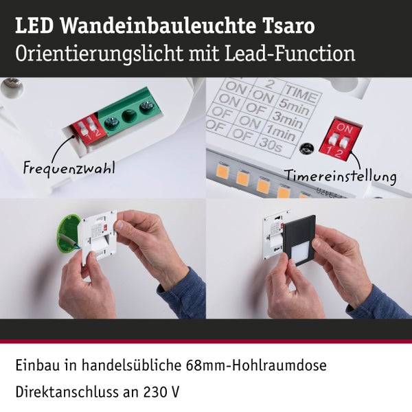 LED Wandeinbauleuchte Tsaro eckig 80x36mm 1W 80lm 230V 2700K Schwarz matt