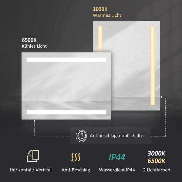 EMKE Badspiegel mit Beleuchtung 80x60 cm, Kaltweiß, Wandanschluss, IP44, integrierter LED Spiegel, HD-Spiegelfläche, horizontal & vertikal montierbar, für Badezimmer