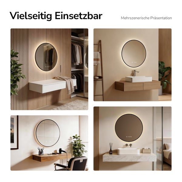 Mehrfachdarstellung eines runden Spiegels mit LED-Beleuchtung in verschiedenen Raumsituationen.
