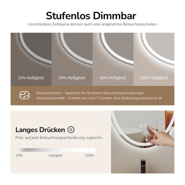 Infografik zur stufenlosen Dimmfunktion eines Spiegels mit Speicherfunktion und Abschaltautomatik sowie Bedienungsanleitung für das Touchdisplay.
