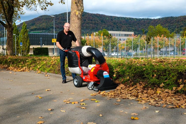 Mann benutzt einen Laubsauger zur Gartenpflege auf einer gepflasterten Fläche.