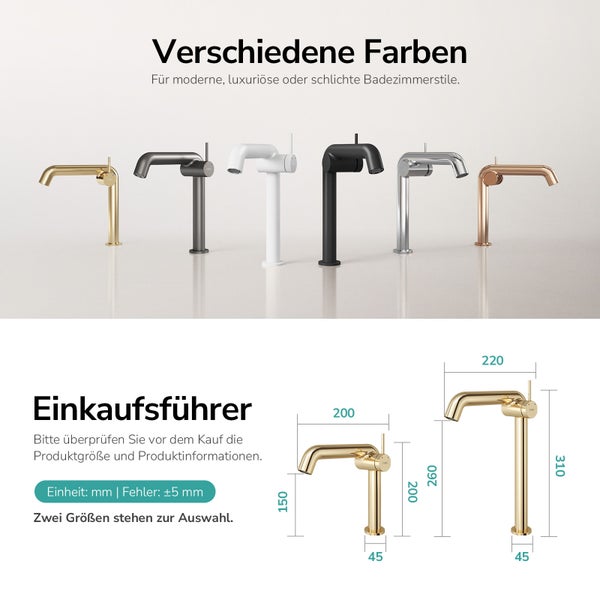 Verschiedenfarbige Badezimmerarmaturen mit Maßangaben