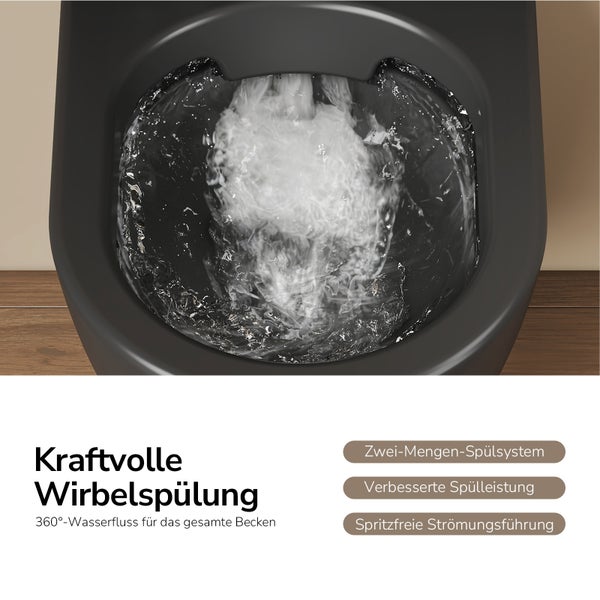 Kraftvolle Wirbelspülung im dunklen WC-Becken mit 360 Grad Wasserfluss, verbesserter Spülleistung und spritzfreier Strömungsführung.