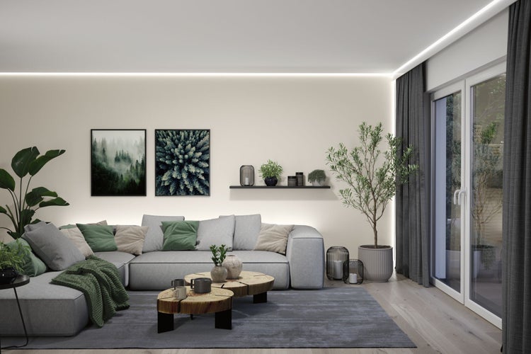 Helles Wohnzimmer mit grauer Couch, Holztisch und Zimmerpflanzen