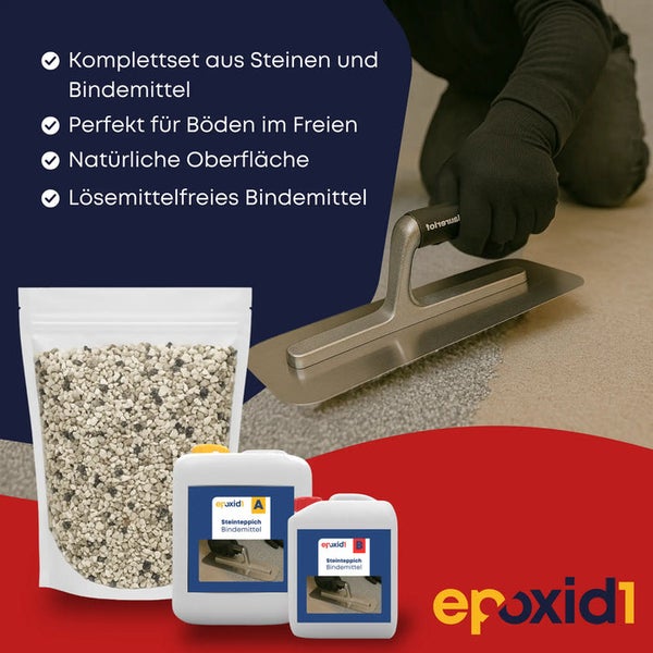 epoxid1 Komplettset für Steinteppich mit Beutel Steinen, zwei Kanistern lösemittelfreiem Bindemittel und Anwendung einer Glättekelle auf Außenboden.