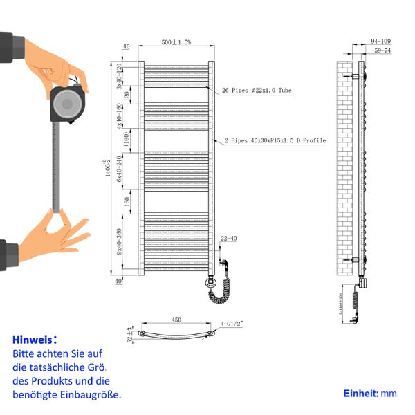 EMKE Elektrischer Badheizkörper 600 W, Handtuchwärmer mit Thermostat, Temperatureinstellung, Zeitschaltuhr und IP44 Schutz, Handtuchheizkörper, für Bad, Weiß, 140x50 cm