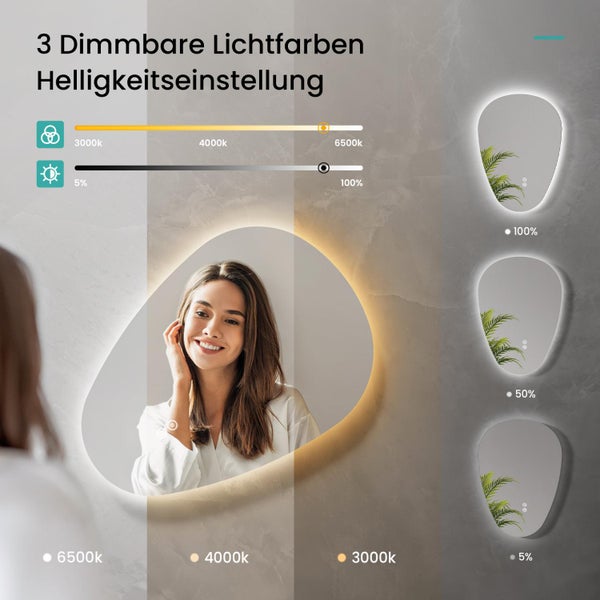 EMKE LED Badspiegel mit Beleuchtung 70x50 cm, dimmbar in 3 Lichtfarben, Anti-Beschlag, Touch-Schalter mit Memory-Funktion, IP44, horizontal & vertikal montierbar