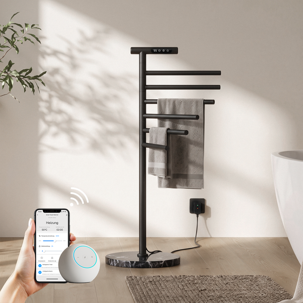 Freistehender Handtuchheizkörper mit Smart Home Steuerung über Smartphone App in einem modernen Badezimmer.
