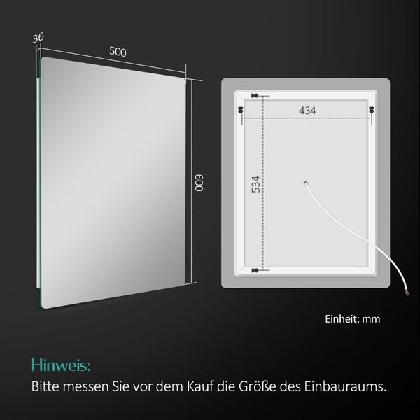 EMKE Badspiegel mit Beleuchtung 60 x 50 cm, Warmweiß/Kaltweiß, beschlagfrei, LED-Rückbeleuchtung, Kippschalter, IP44, für Bad