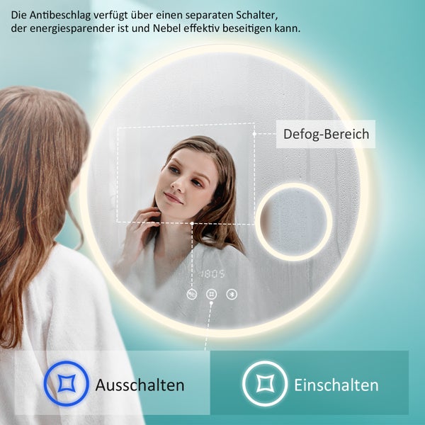 EMKE LED Badspiegel Ø60 cm, 4300K Neutralweiß, Antibeschlag, Touchschalter, dimmbar, Uhranzeige, mattierte Spiegelkante, IP44, horizontal montierbar, für Badezimmer