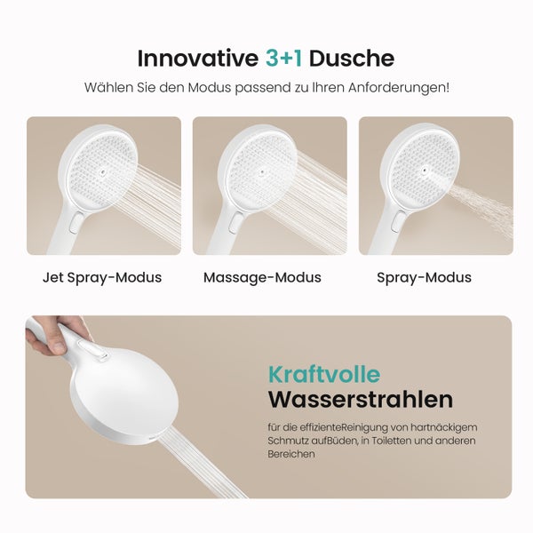 Duschkopf mit verschiedenen Strahlarten: Jet Spray, Massage und Spray.