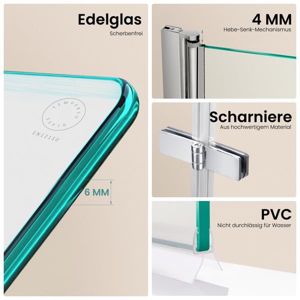 Details einer Duschkabine mit Edelglas, 4 Millimeter Hebe-Senk-Mechanismus, Scharnieren aus hochwertigem Material und PVC Abdichtung