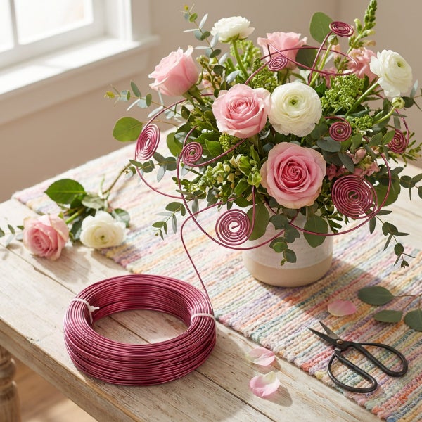 Eine Rolle Dekodraht in einer Frühlingsdekoration mit Blumenstrauß auf einem Holztisch mit Schere.