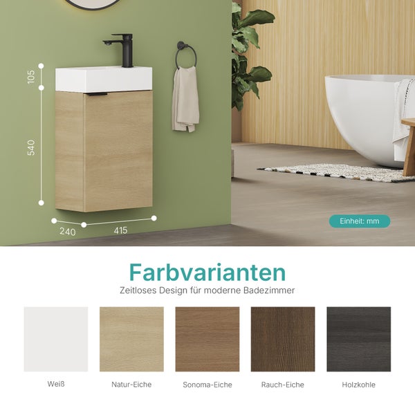 Waschtisch mit Unterschrank Natur-Eiche und Maßangaben