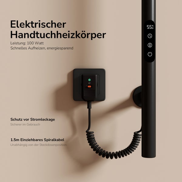 Elektrischer Handtuchheizkörper mit Steckdose und Spiralkabel