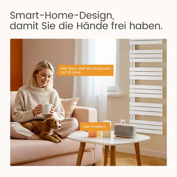 Frau mit Hund auf Sofa, Smart Home Lautsprecher auf Tisch und Heizkörper an Wand