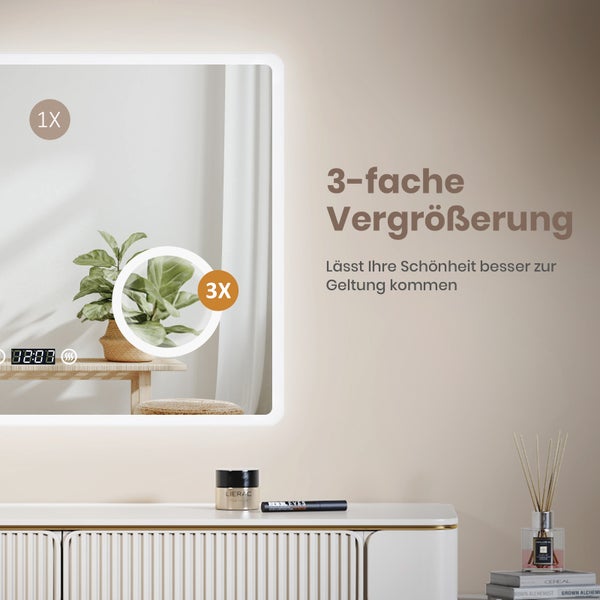 EMKE LED Badspiegel 800x600 mm, Kaltweiß, mit Anti-Beschlag-Funktion, Uhranzeige, 3-fache Vergrößerung, Speicherfunktion, IP44, für das Badezimmer geeignet