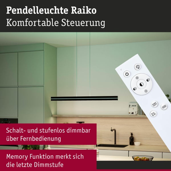 Schwarze Pendelleuchte Raiko in einer modernen Küche mit Fernbedienung, stufenlos dimmbar und mit Memory-Funktion.
