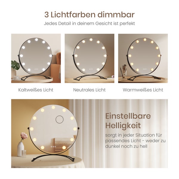 Runder Kosmetikspiegel mit drei Lichtfarben und einstellbarer Helligkeit.
