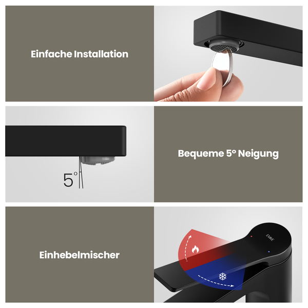 EMKE Einhebel-Waschtischarmatur, Badarmaturen, Schweizer Design, G3/8， Wassersparend, Bleifreies Messing, Korrosionsschutz, Pflegeleicht, Schwarz matt