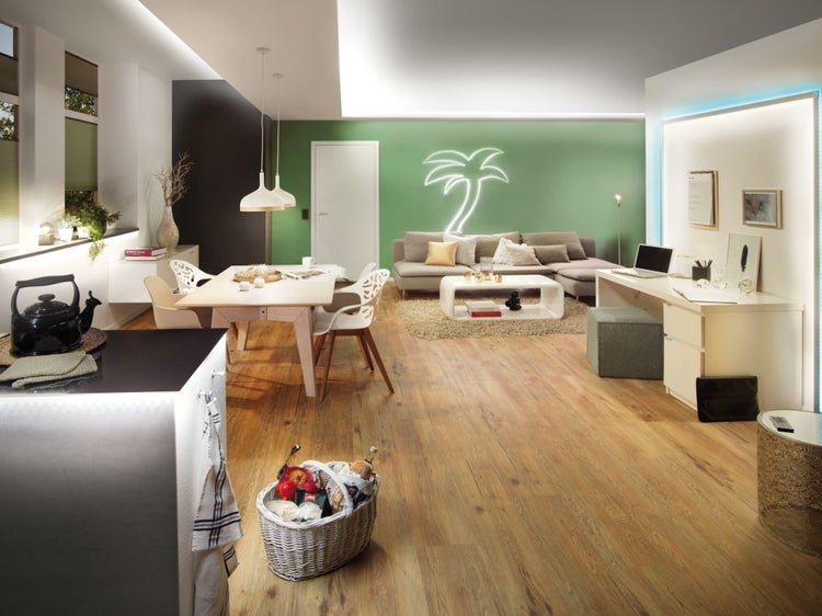 Helles Wohnzimmer mit Esstisch, Sofa und Schreibtisch