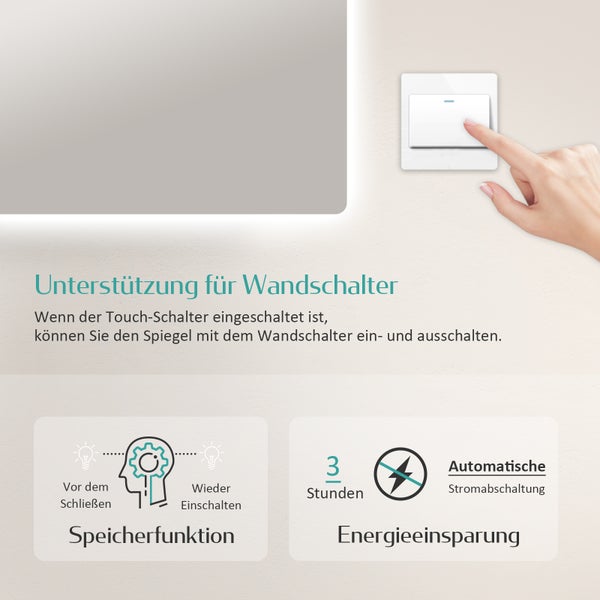 EMKE LED Badspiegel 100x60 cm, Touchschalter, 3 Lichtfarben einstellbar, Helligkeit dimmbar, IP44, rostfreier Spiegel, horizontal/vertikal montierbar, für Bad
