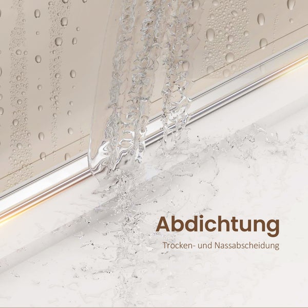 Duschdichtung an Glaswand mit fließendem Wasser zur Trennung von Trocken- und Nassbereichen.