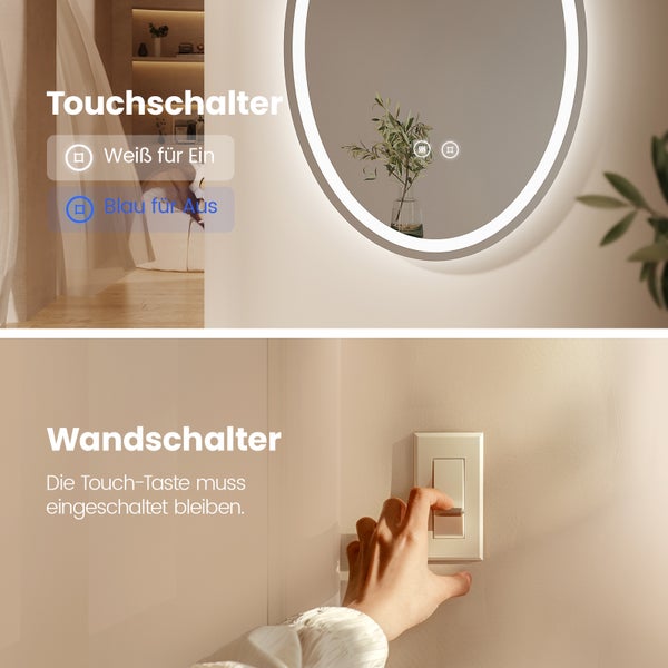 EMKE Badspiegel mit Beleuchtung 60x80 cm, Warmlicht/Neutrallicht/Kaltweiß, Anti-Beschlag-Funktion, Kupferfreier Rostschutz-Spiegel, Touchscreen-Steuerung,  IP44, Ovaler Wandspiegel