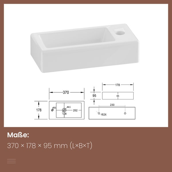 EMKE Waschbecken Keramik 370 × 178 mm, Rechteck, glänzend Weiß, Höhe 95 mm, mit Bohrung rechts für Wasserhahn, Wandmontage, Handwaschbecken, Wandwaschbecken für Badezimmer und Gäste-WC
