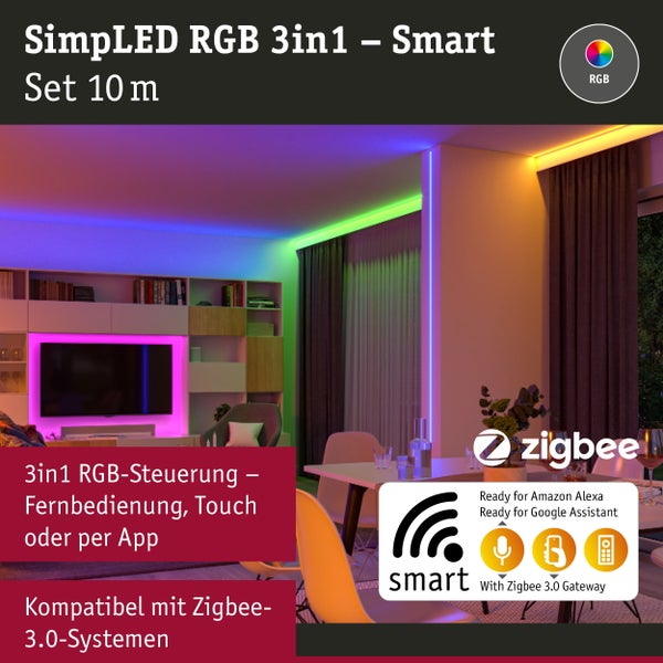 SimpLED RGB 3in1 Smart Set mit 10 Metern Länge in einem Wohnzimmer angebracht