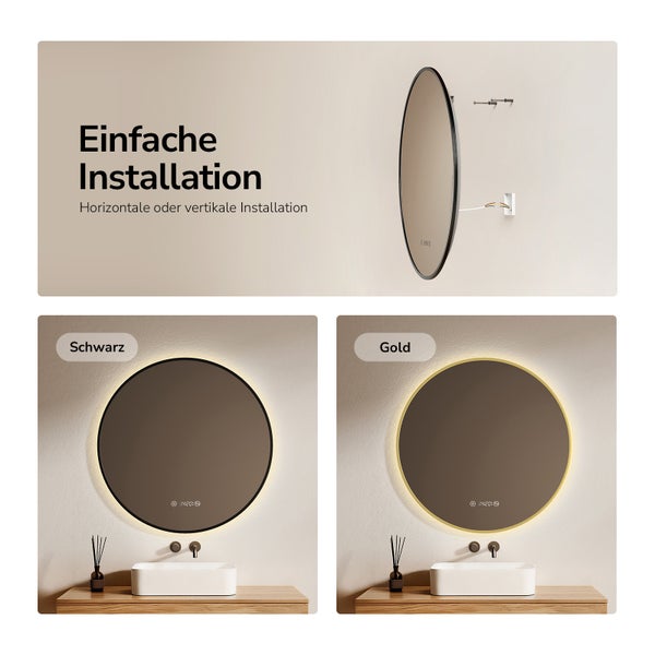 Verschiedene Ansichten eines Spiegels mit Beleuchtung zur einfachen horizontalen oder vertikalen Installation in den Ausführungen Schwarz und Gold